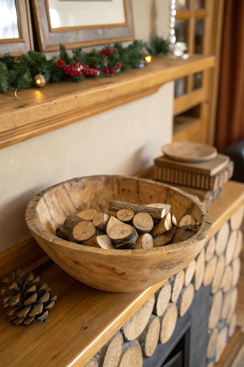 A rustic bowl showcasing small wooden pieces