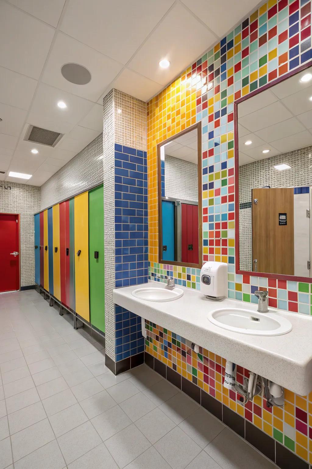 Brilliant mosaic facades inject vibrancy into a boys' bathroom.