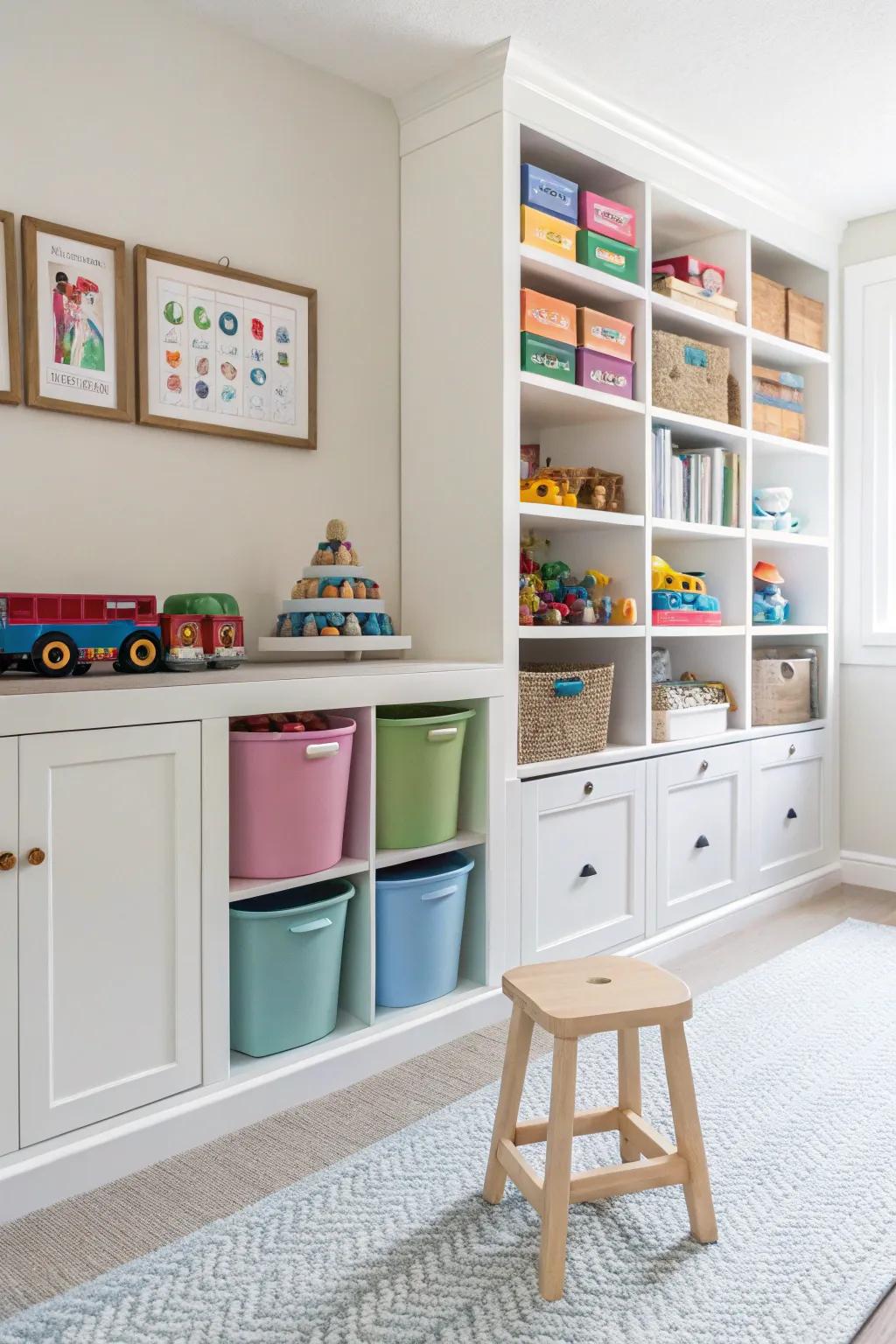 Custom storage that keeps the playroom tidy and organized.