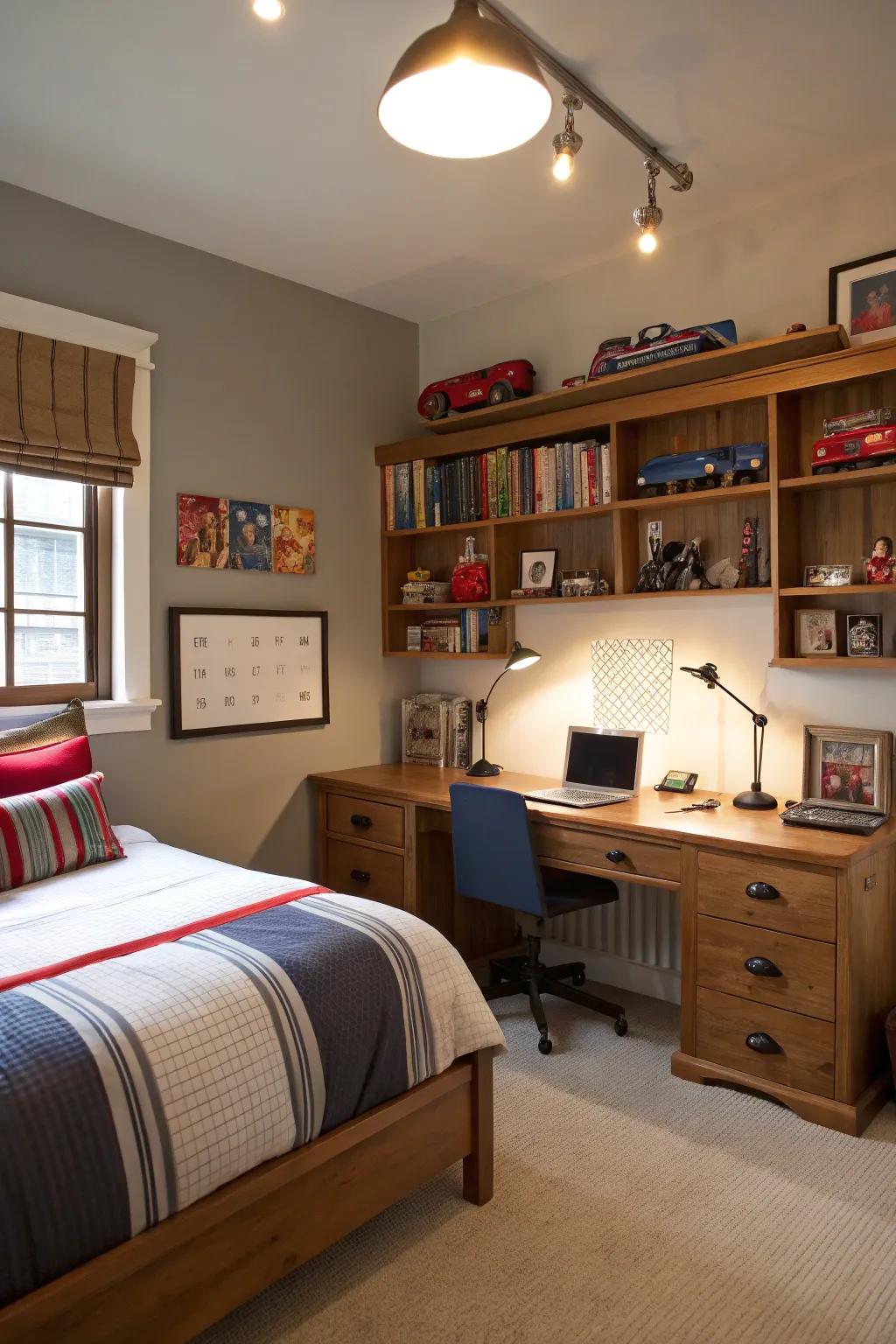 Varied lighting options enhance the room’s functionality.