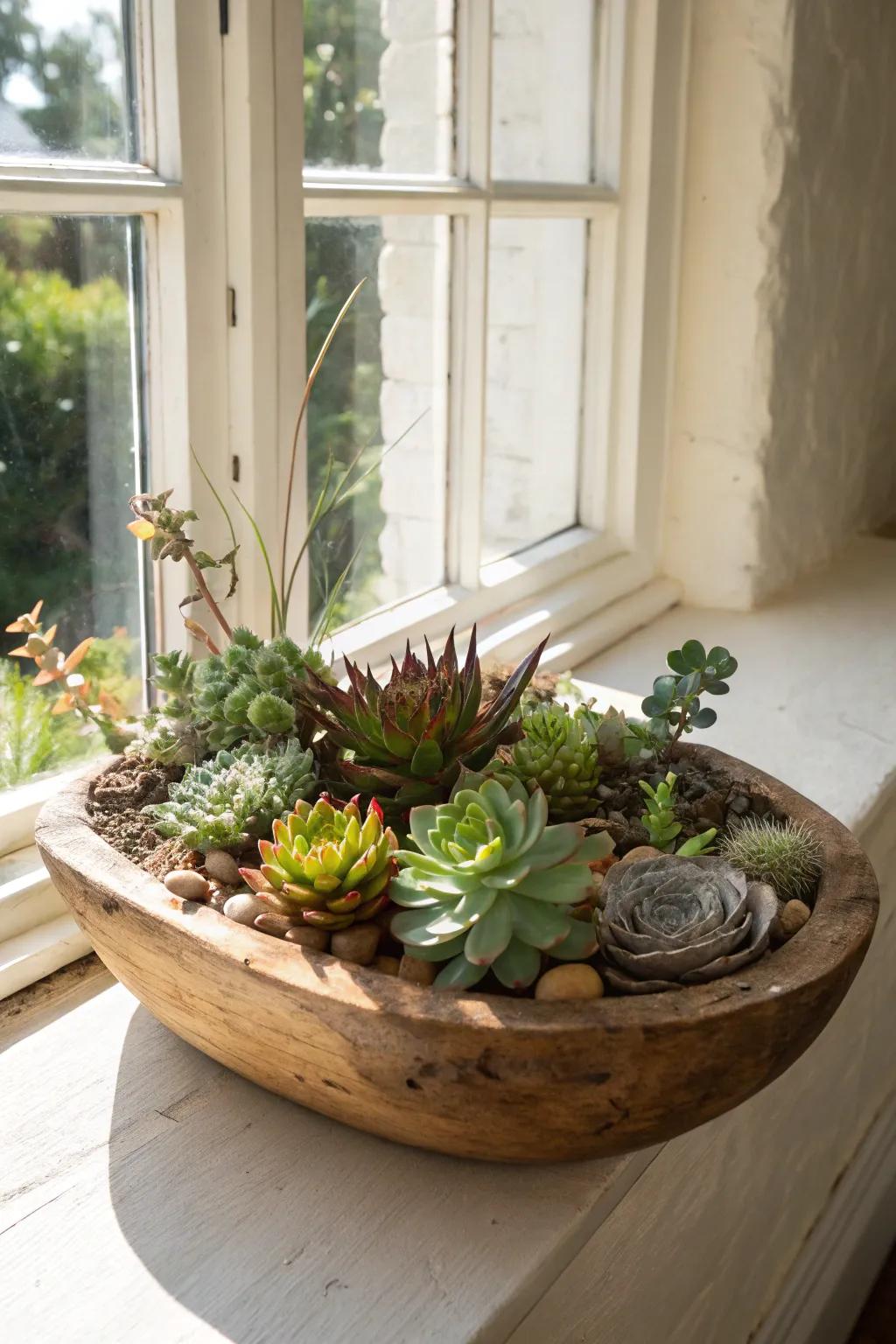 Modern straightforwardness conveyed through fleshy plants in a mixing bowl