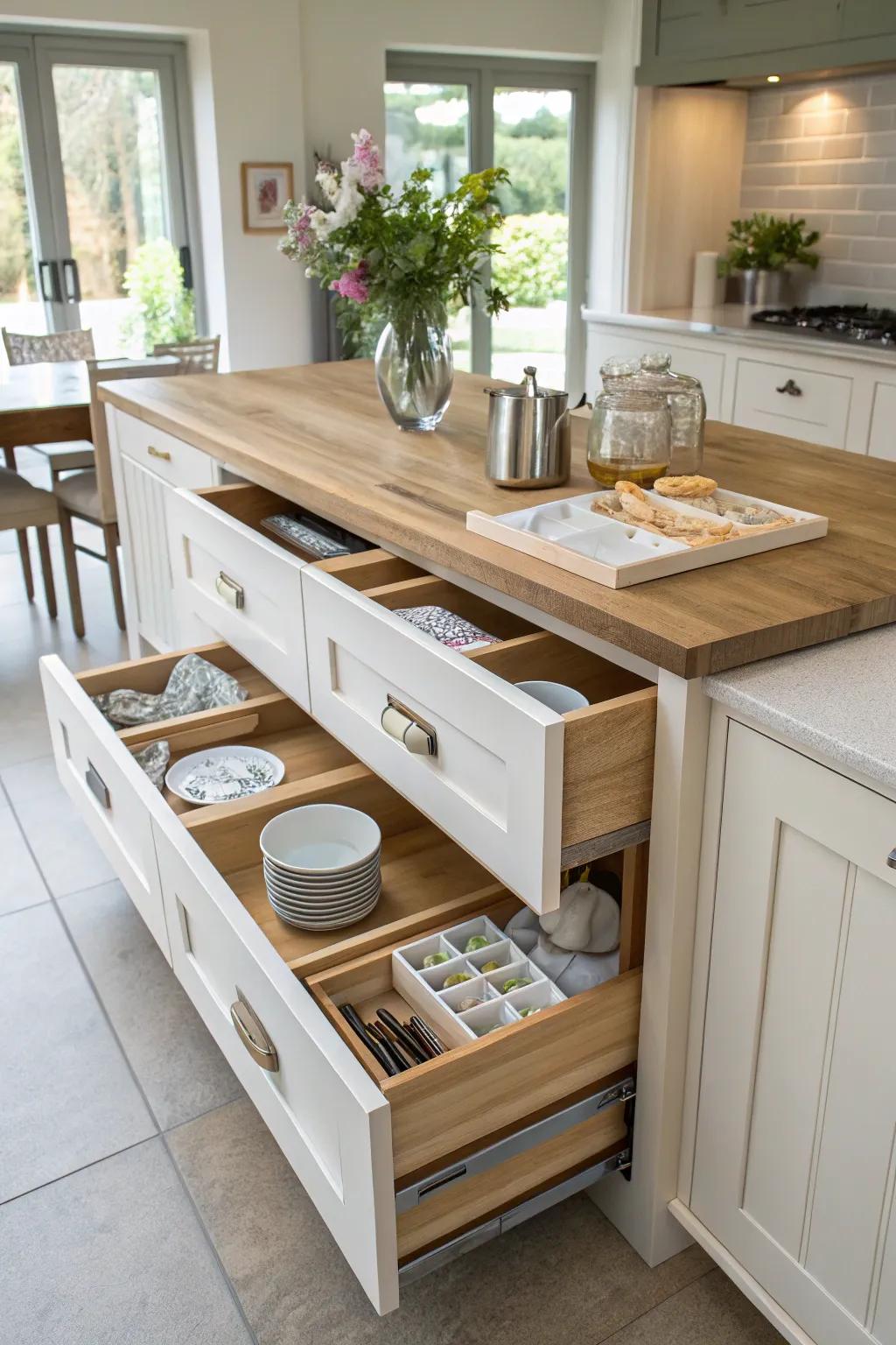 Intelligent use of space in a breakfast bar with built-in storage.