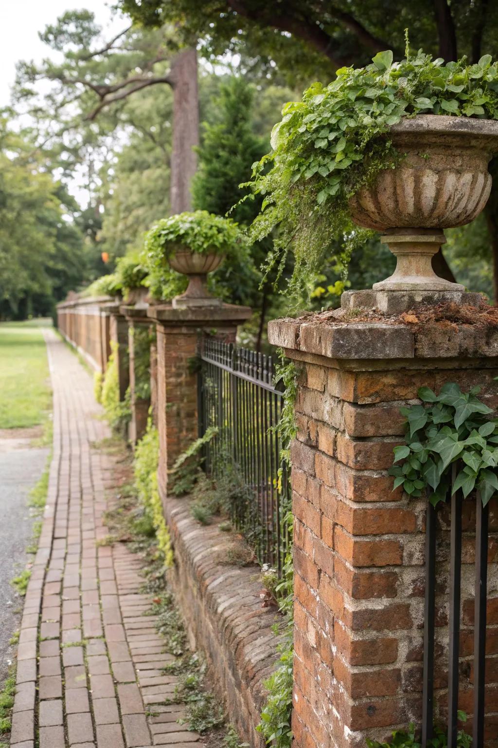 Integrated planters enrich brick fences with vitality and color.