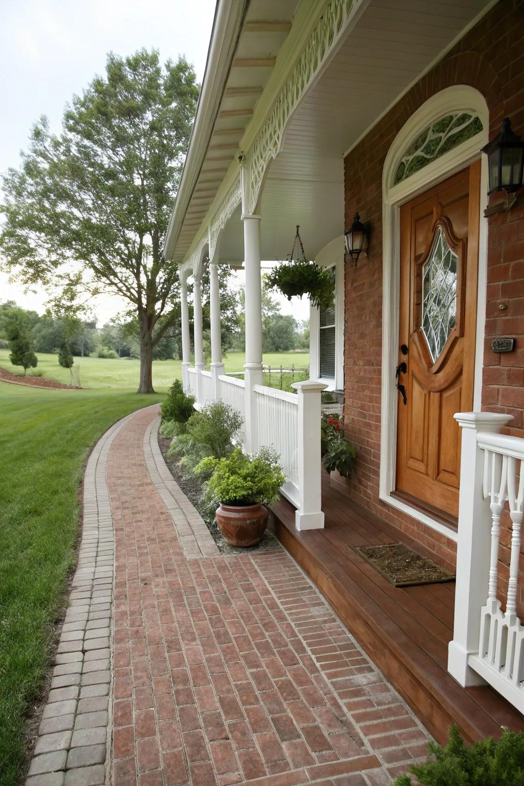 A brick pathway seamlessly connects to this welcoming porch.
