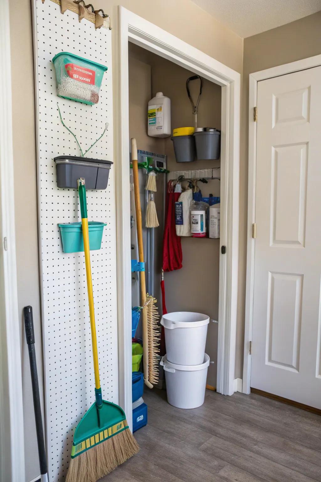 Pegboards are a great way to organize your broom closet because you can change them around.