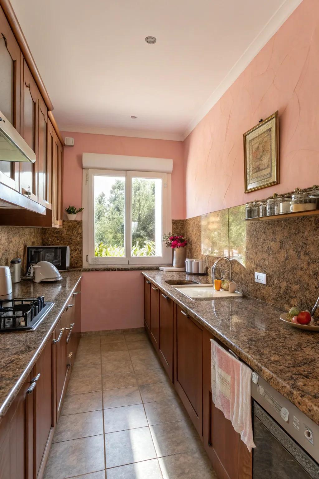 Light rose walls infuse a gentle and welcoming touch to the space.