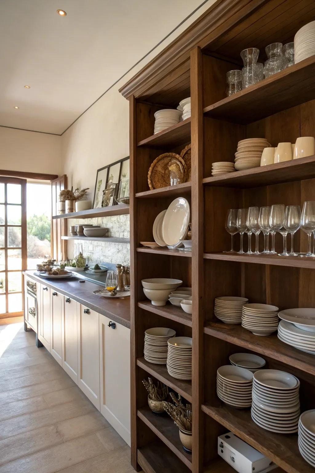 Open shelving in timber shades balances aesthetics with function.