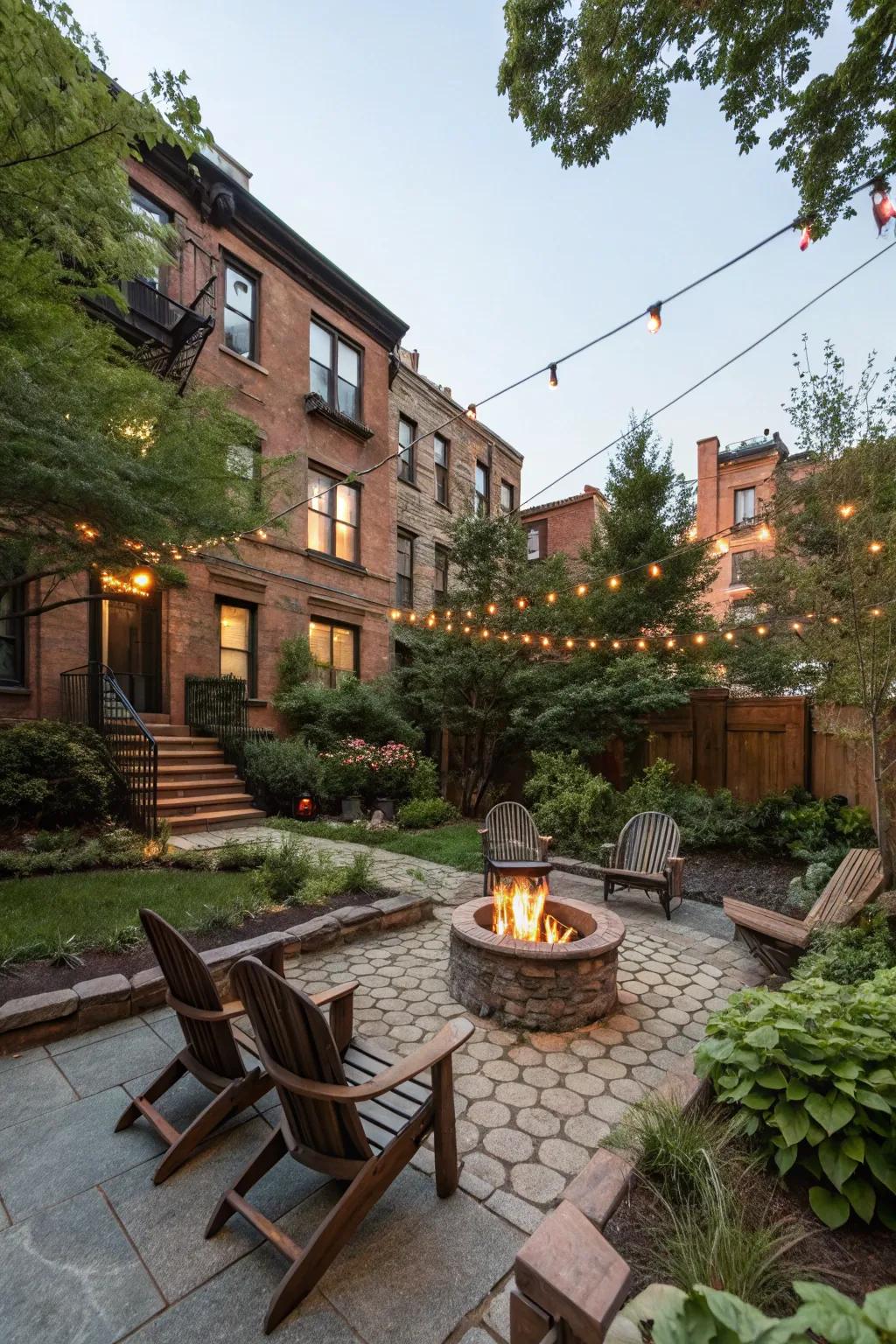 A fire pit builds a warm and welcoming meeting spot in the backyard.