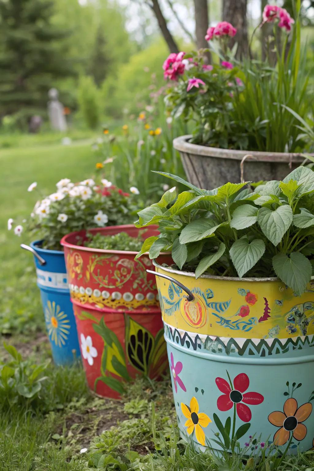 Repurposed buckets morph into captivating planters inside an outdoorsy layout.