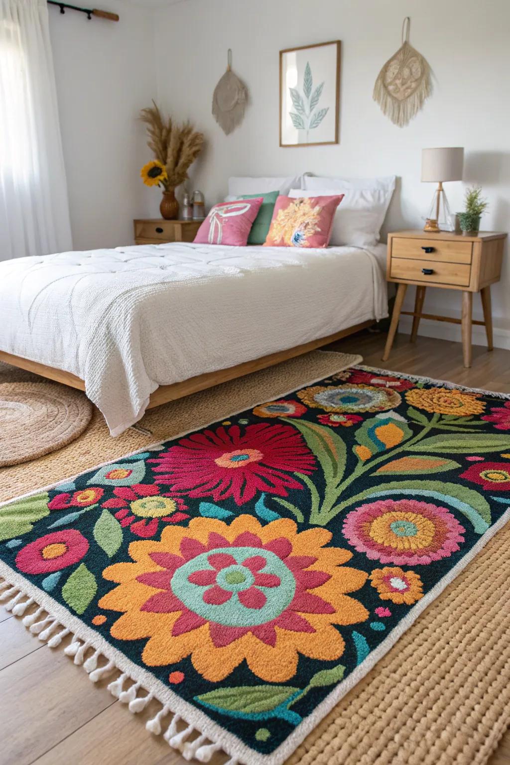 A vibrant floor covering adds warmth and specifies the bedroom area.