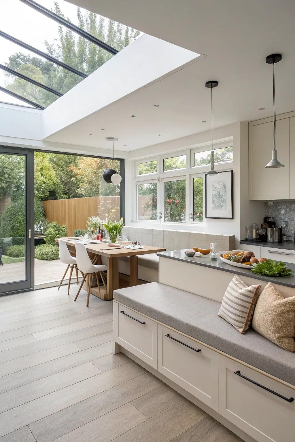 A suspended banquette design amplifying the sense of spaciousness.