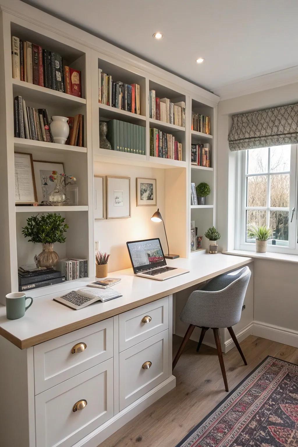 An elegant home office featuring an integrated desk and bookcase.