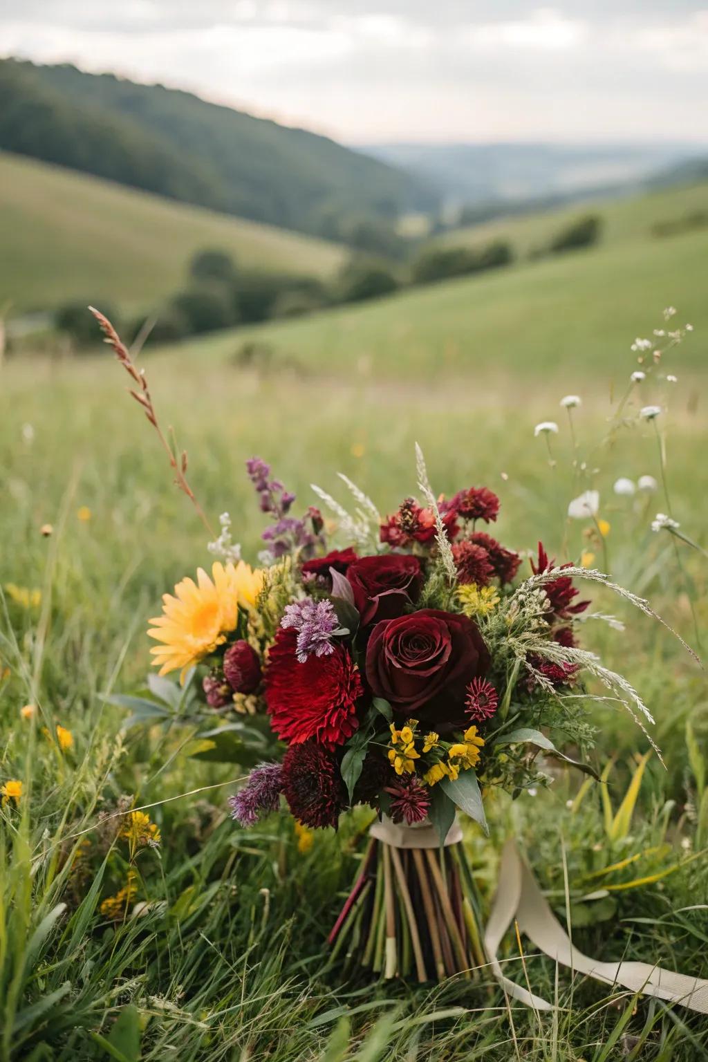Burgundy bouquet accented with wildflower touches.