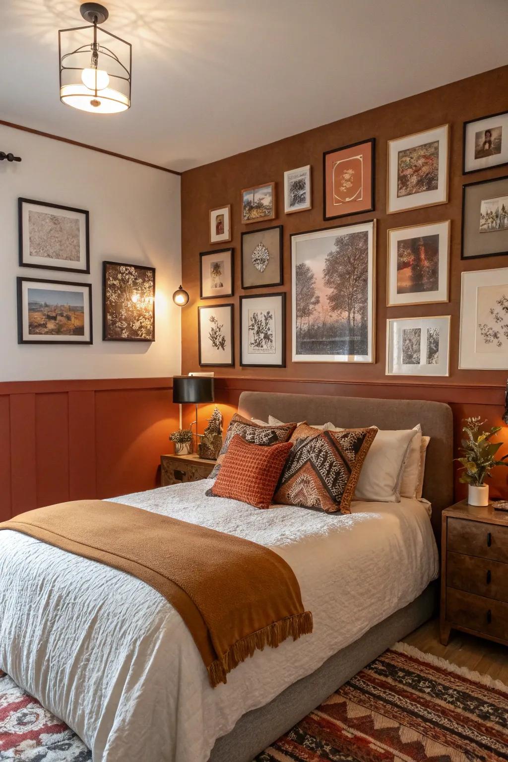 Eclectic wall art adds personality and harmonizes the room's overall theme.