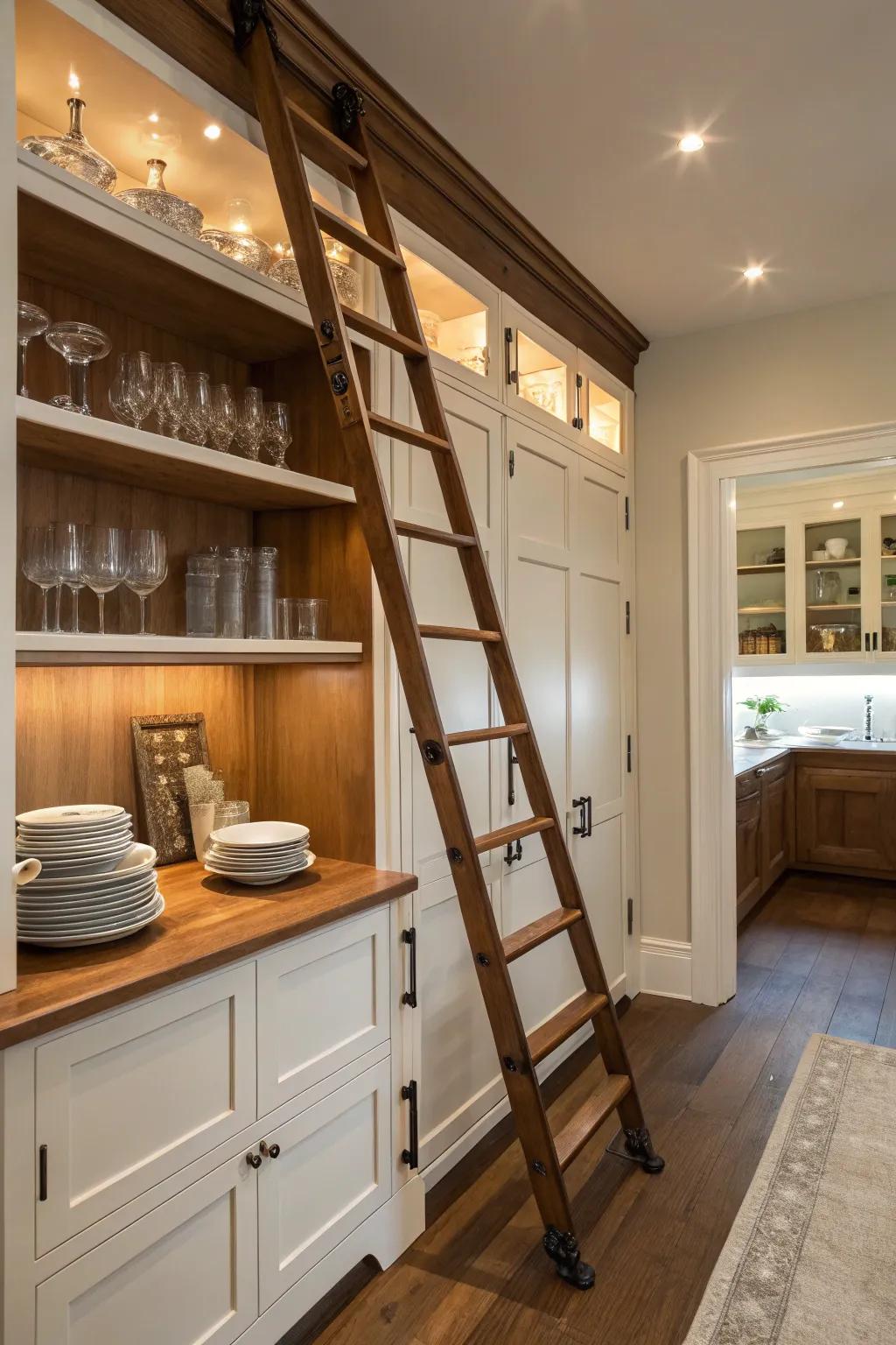 A charming service space with a movable stepper for accessing elevated shelving.