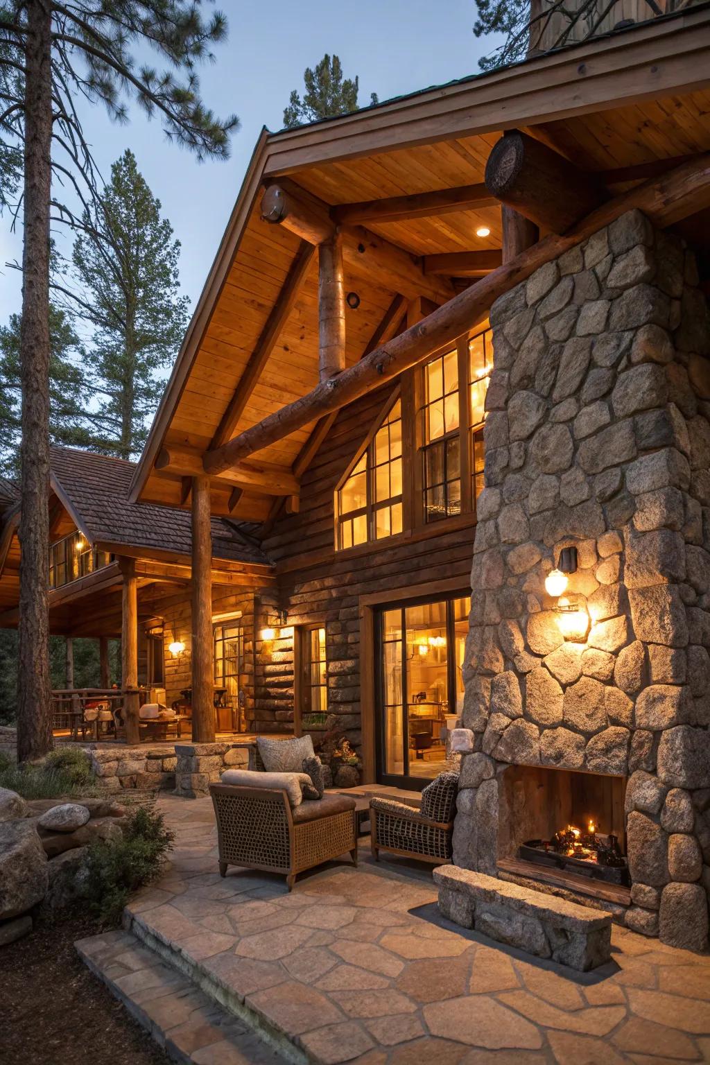 Lighting complementing wood and stone elements in a cabin interior.