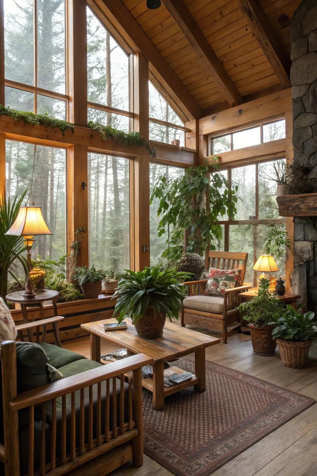 Natural decoration, which includes plants, enriches this cabin living area.