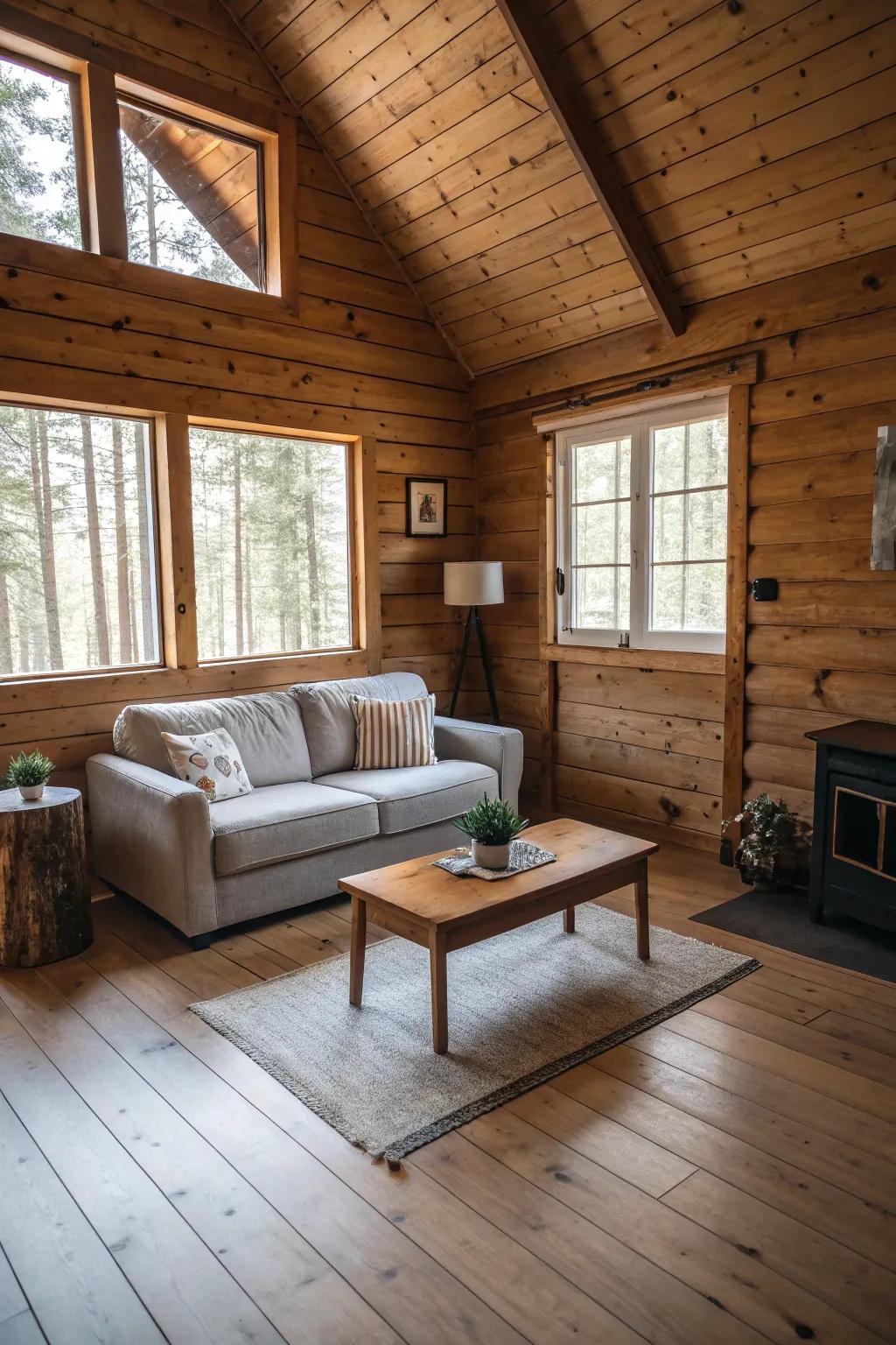 Simple furniture enhances the cabin's roomy feeling.