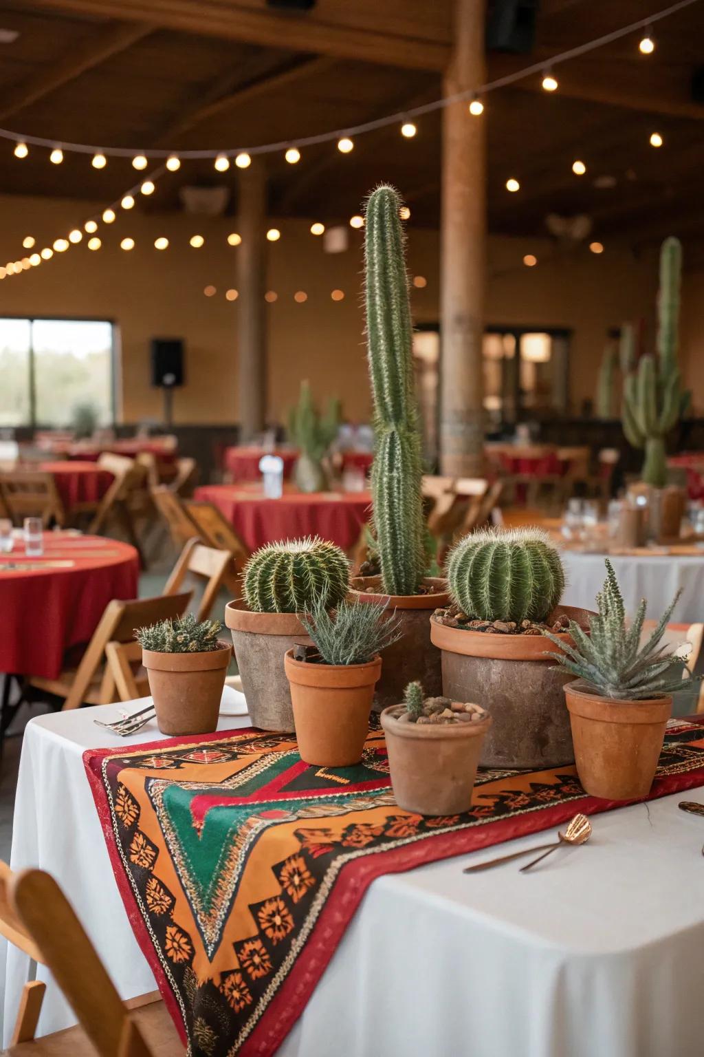 Cacti centerpieces elevate themed celebratory aesthetics with elegance.