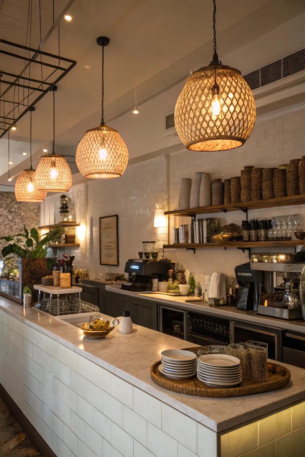 Impressive light fixtures add to the charm and warmth of this cafe kitchen.