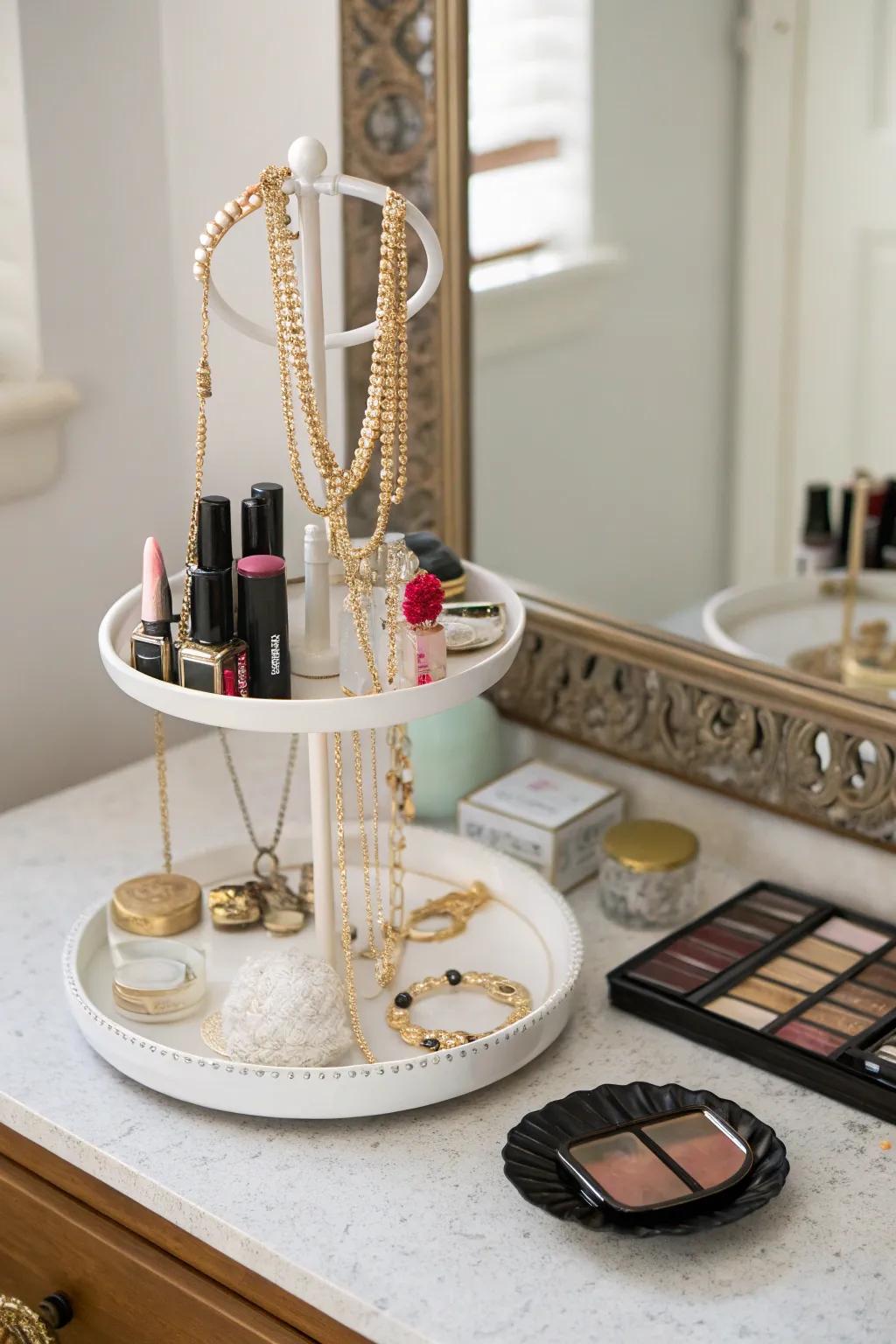 A chic cake stand organizer keeps your vanity stylish and tidy.