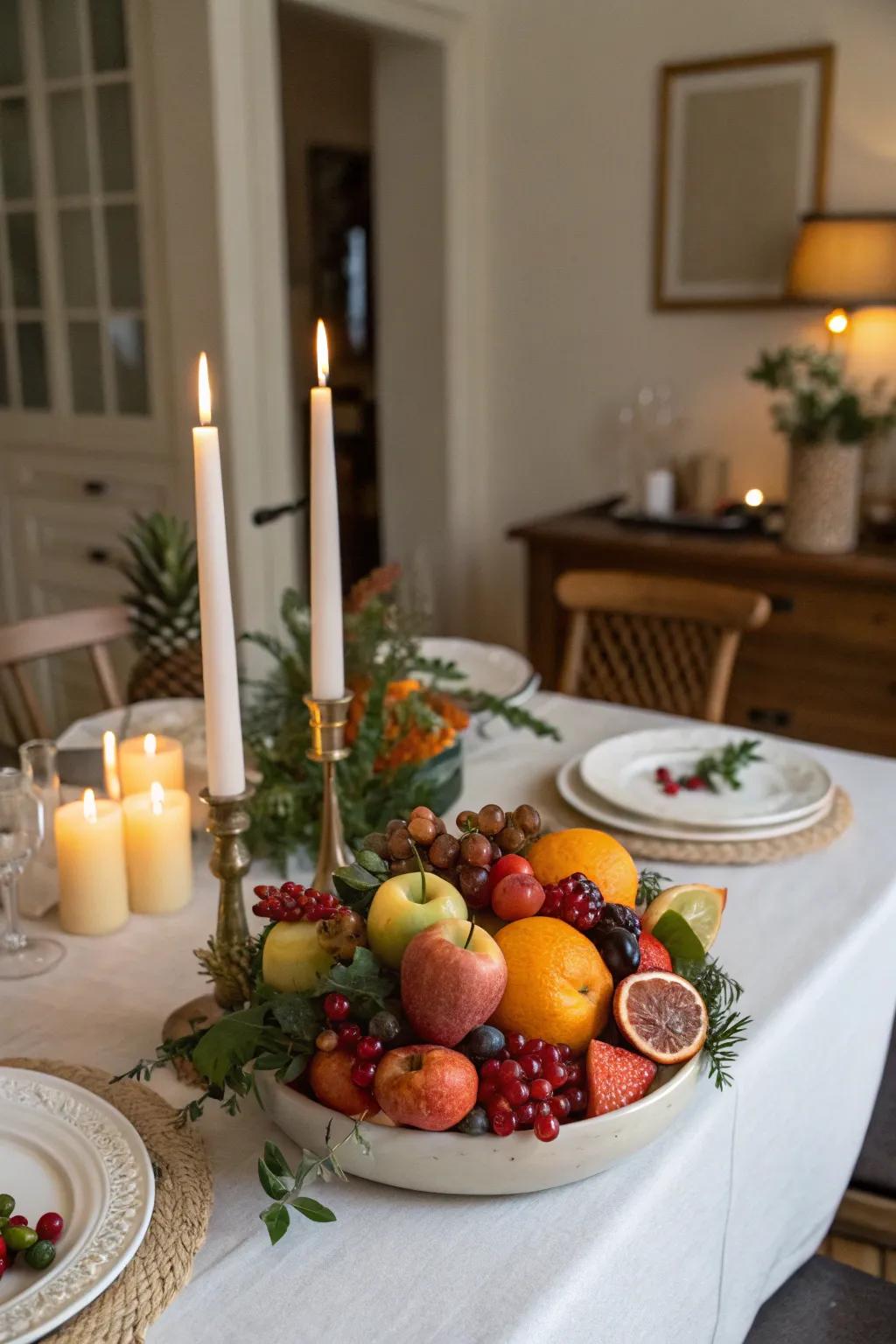 Candles and fruits form a fresh and vibrant centerpiece.