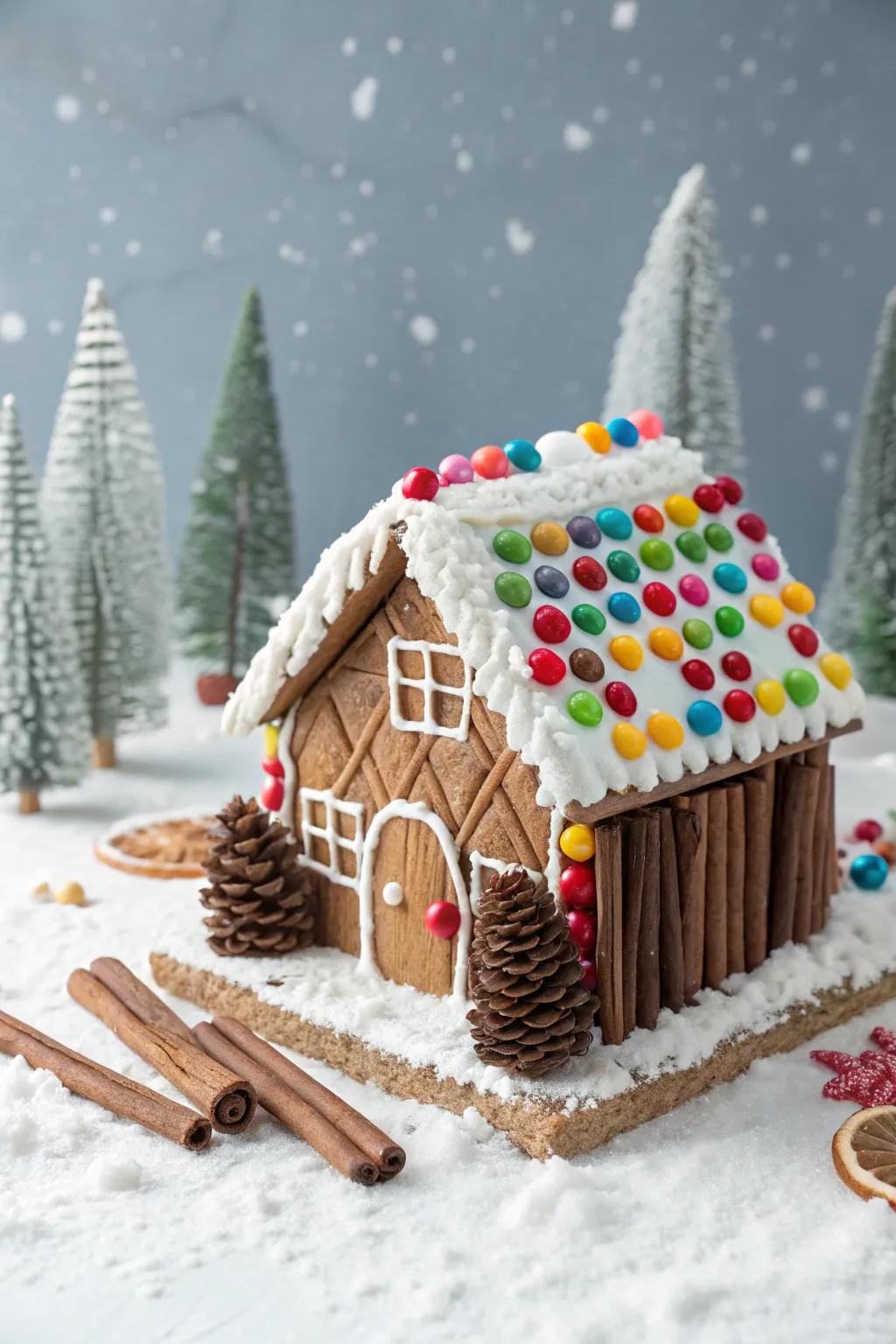 Licorice logs adding a cozy touch to the gingerbread house foundation.