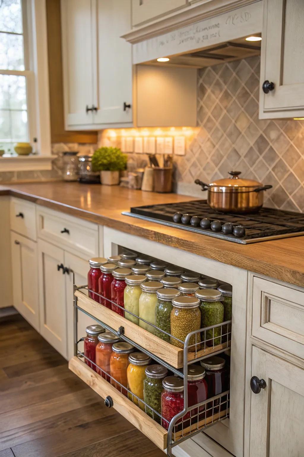 Keep your counters empty by storing jars under cabinets.