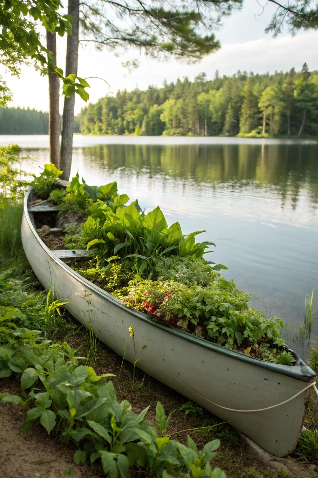 A lakeside boat planter harmonizes with the natural landscape.