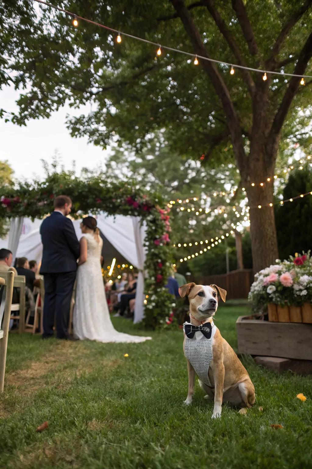 A pet-friendly wedding with a dog in a charming bow tie.