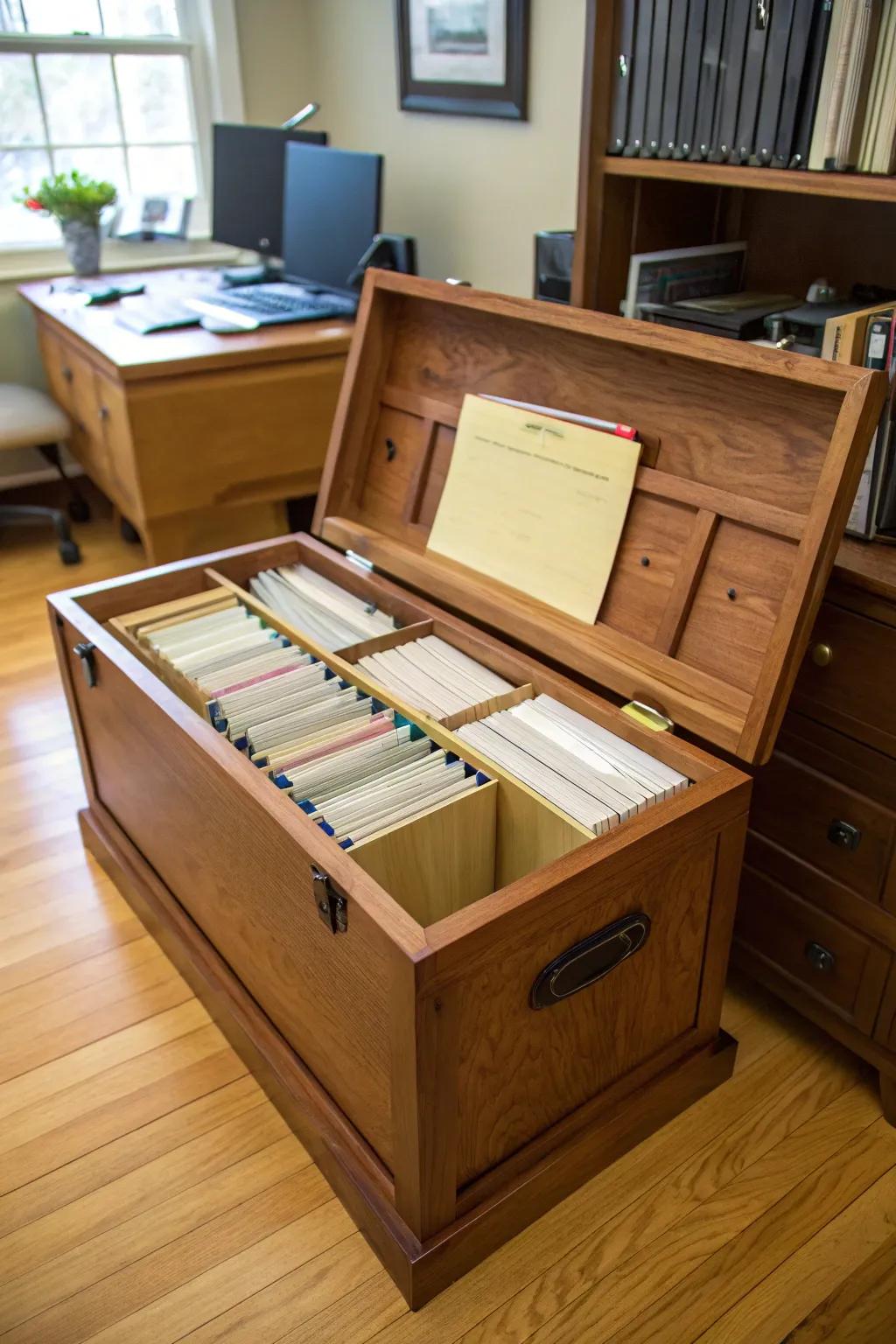 A cedar chest acts as a sophisticated filing cabinet.