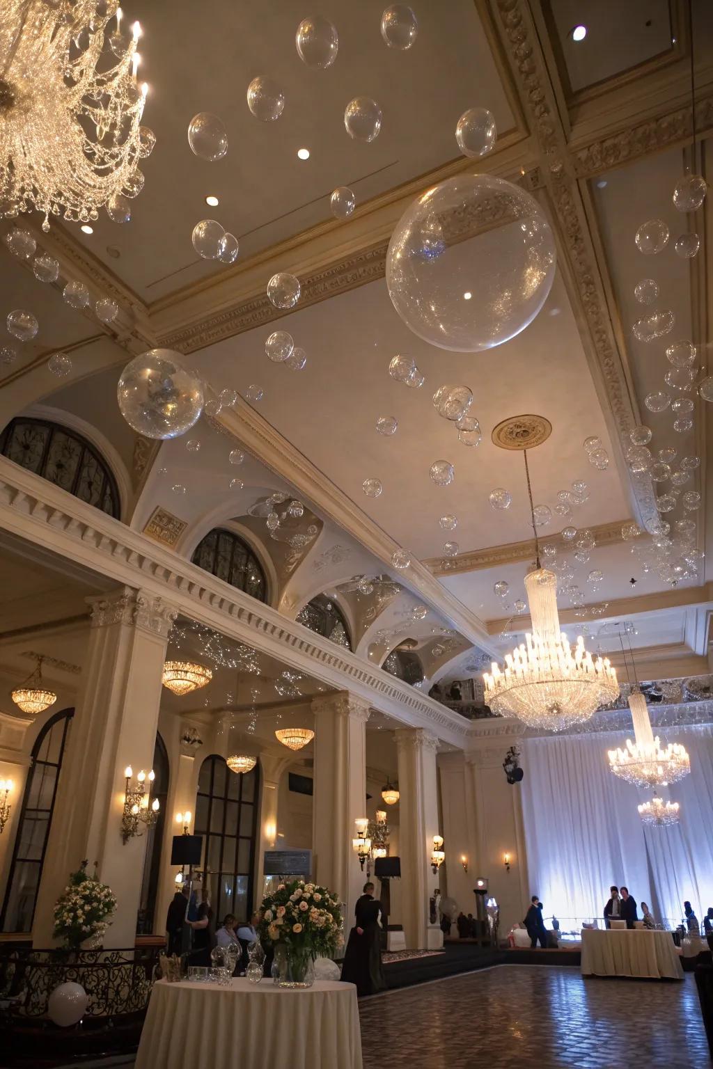 Drifting globes contribute celestial charm.