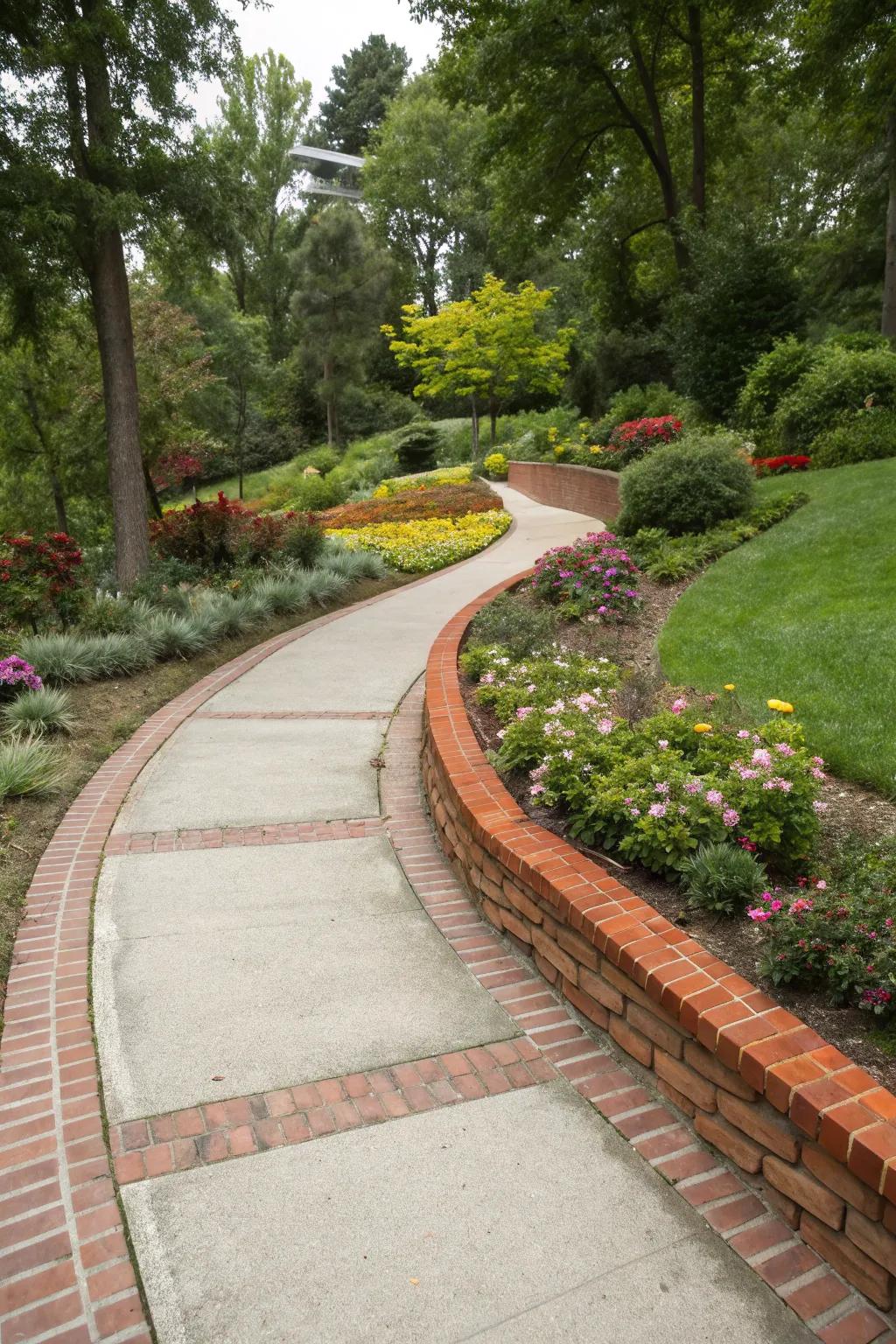A concrete pathway with eye-catching block borders, providing a classic touch.