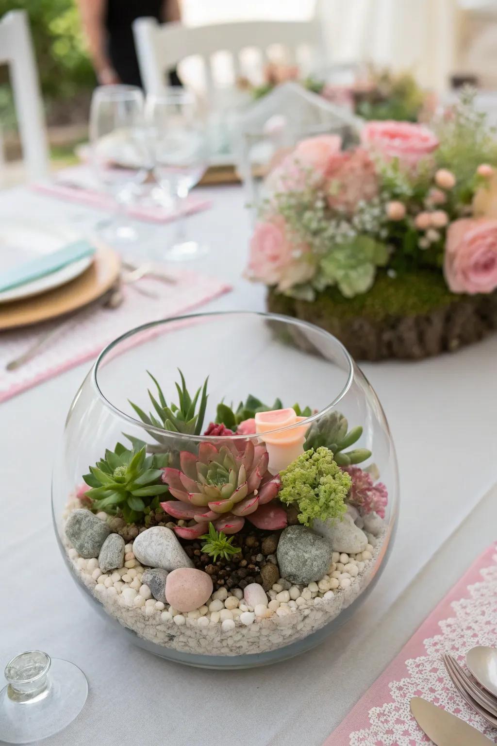 Succulent enclosure centerpiece for a modern aesthetic.