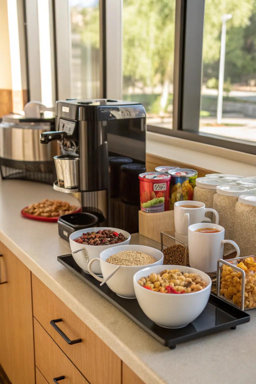 A coffee spot complements your cereal bar perfectly.