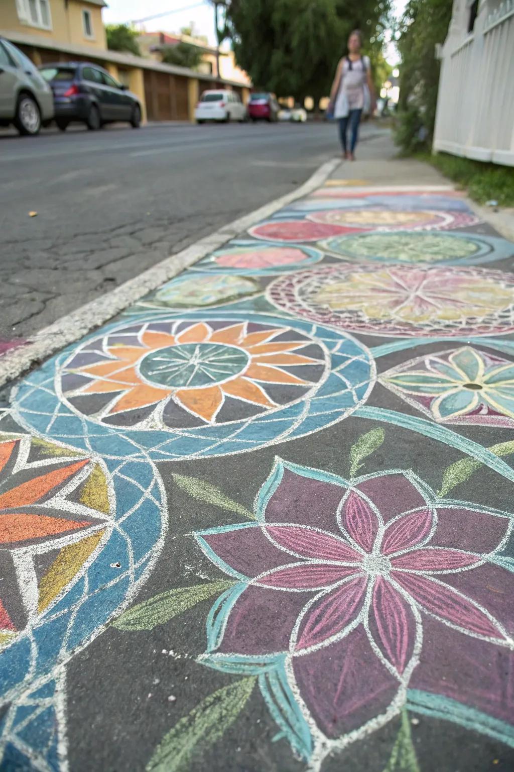 A captivating chalk mosaic with complex patterns and bold colors.