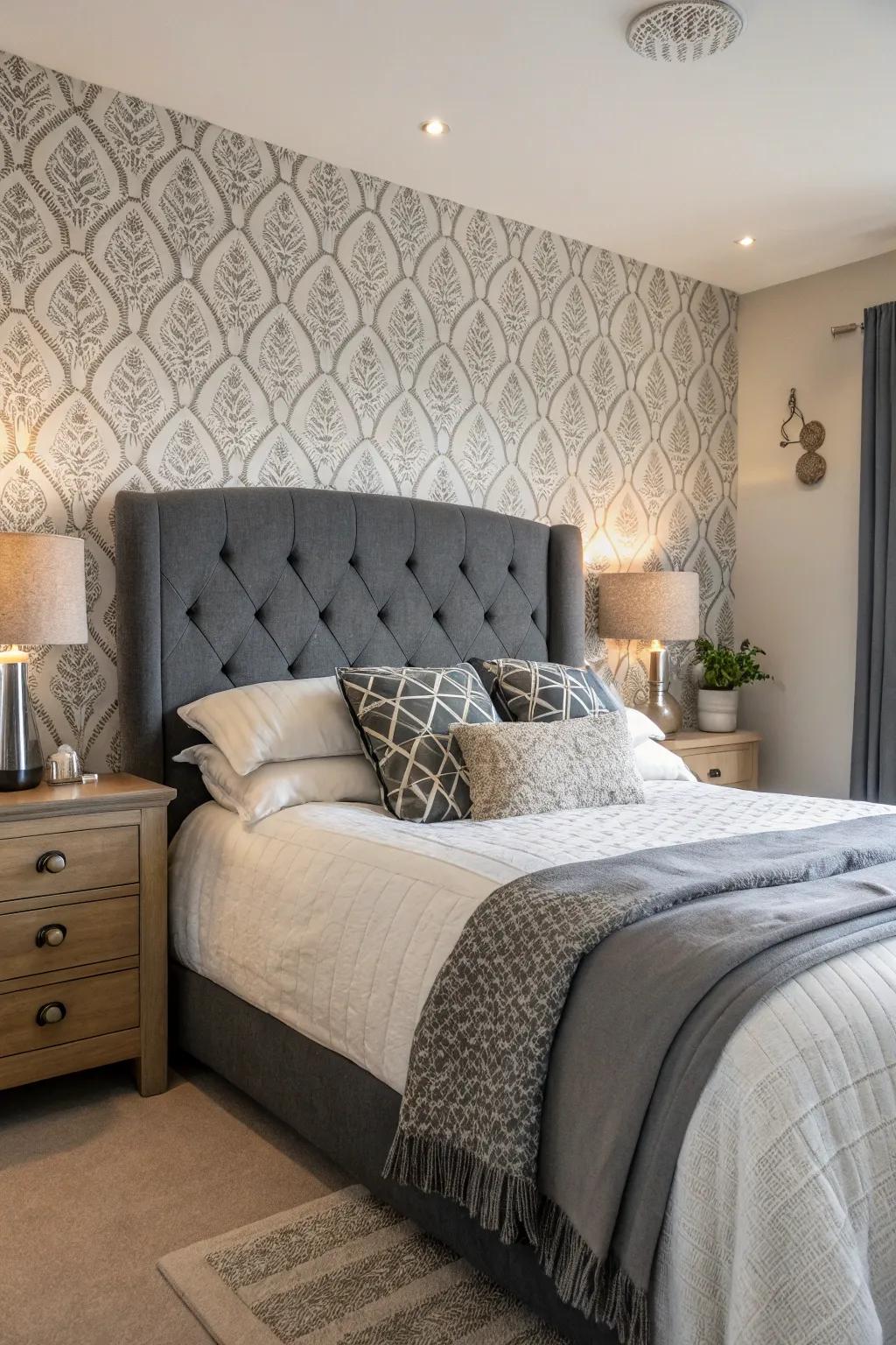 Patterned wall covering furnishes a striking backdrop for a grey headboard.
