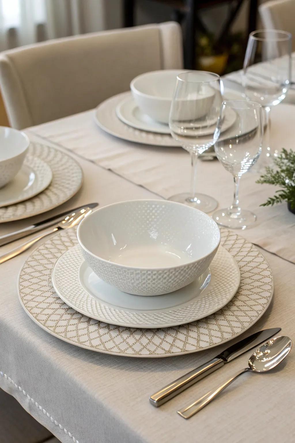 Textured chargers contribute depth and intrigue to your table.