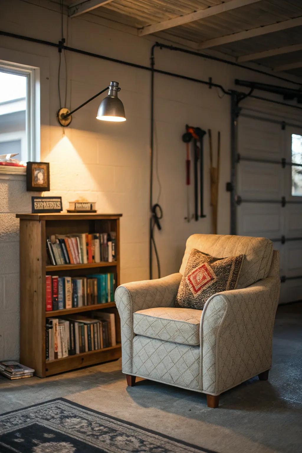 A reading nook offers a peaceful retreat in the garage.