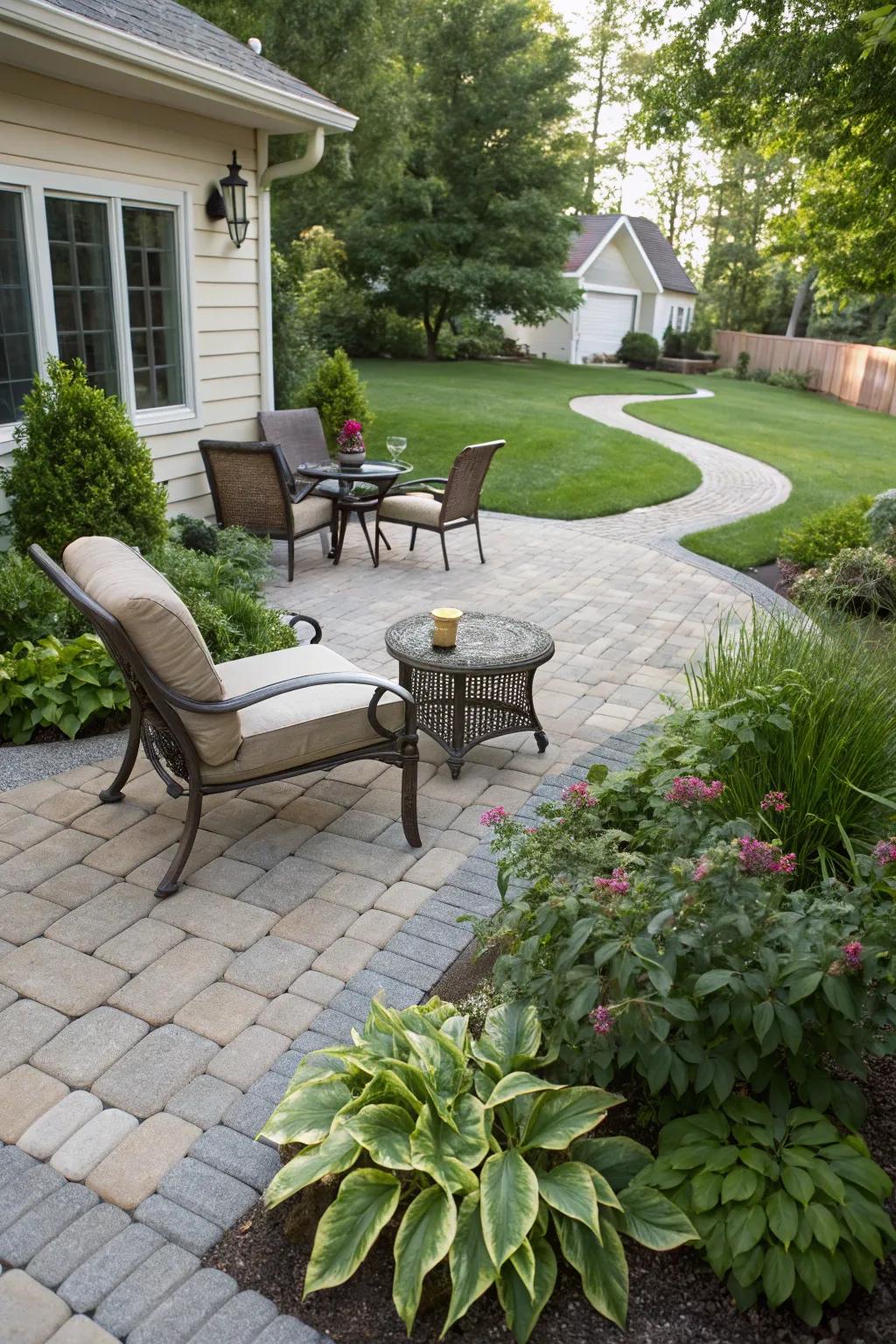 A tiled patio furnishes a functional, chic exterior area.