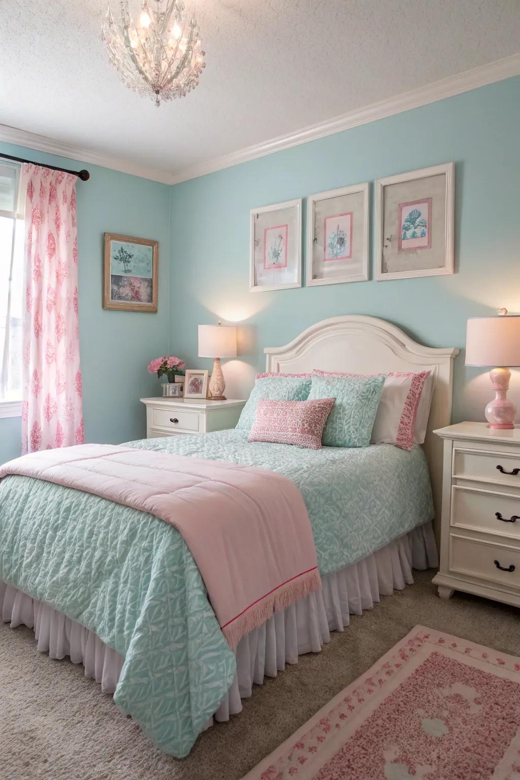 A serene bedroom with a pastel color palette.