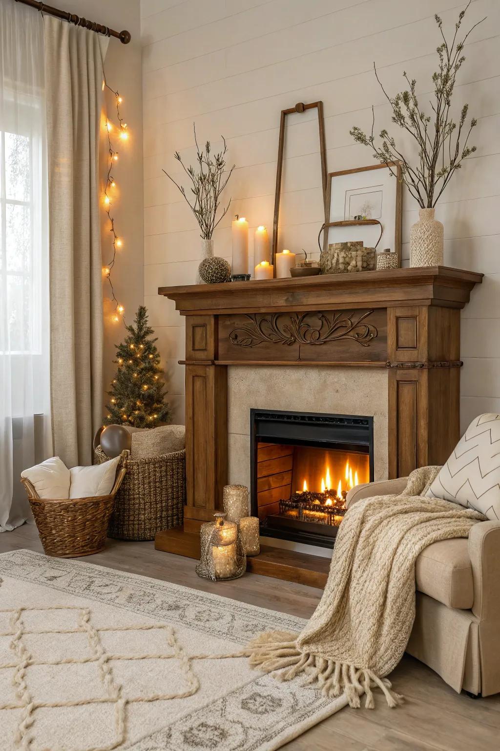 A neutral palette imparts sophistication and tranquility to the fireplace zone.