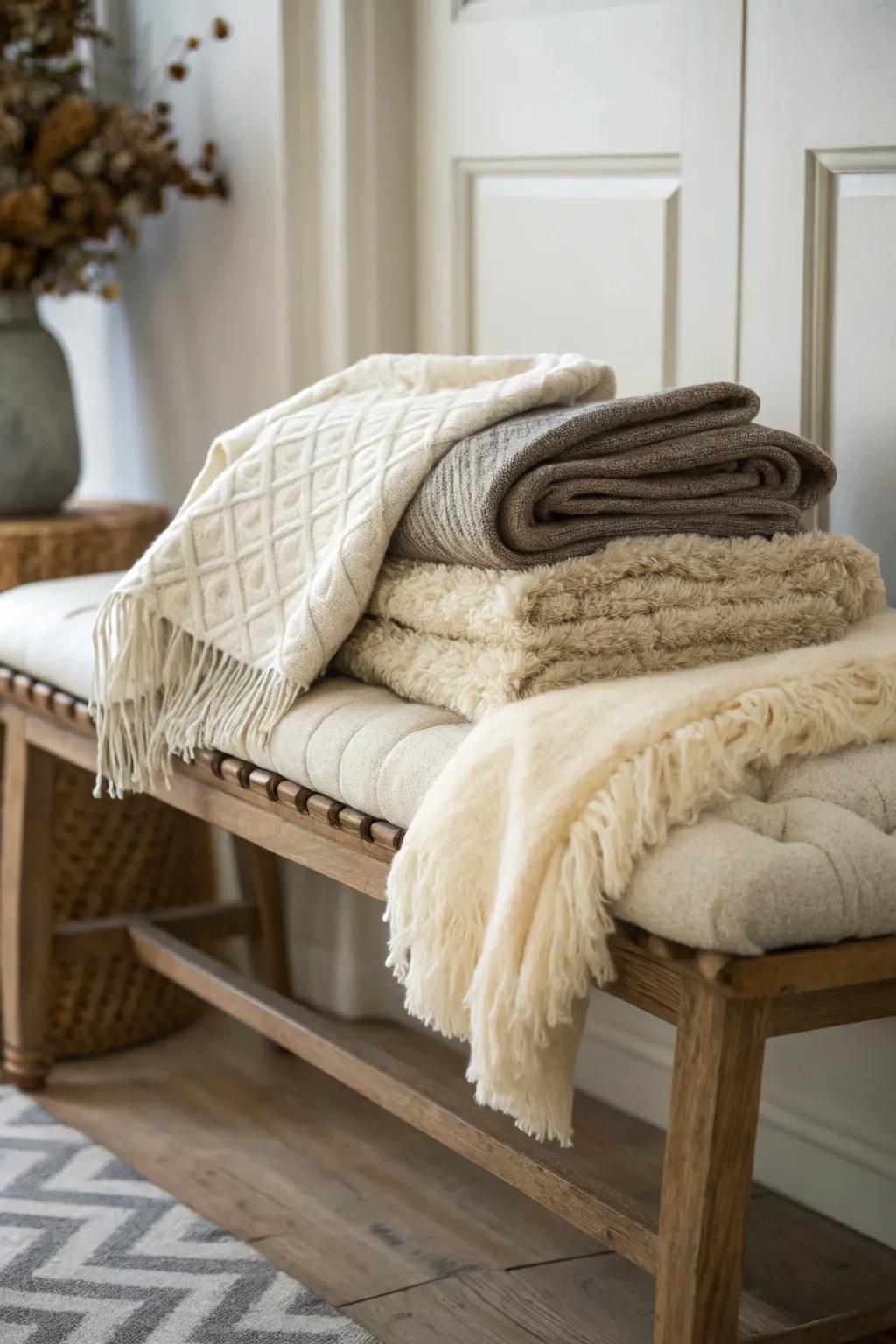 Designer throws add warmth and elegance to your bench.