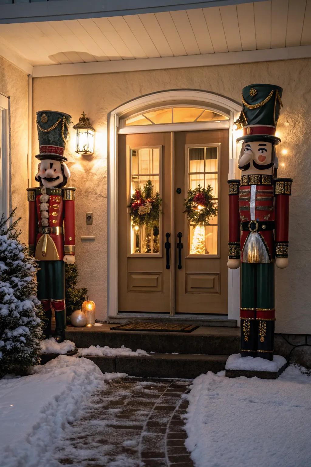 Wooden guard figures stand watch, offering a festive greeting.