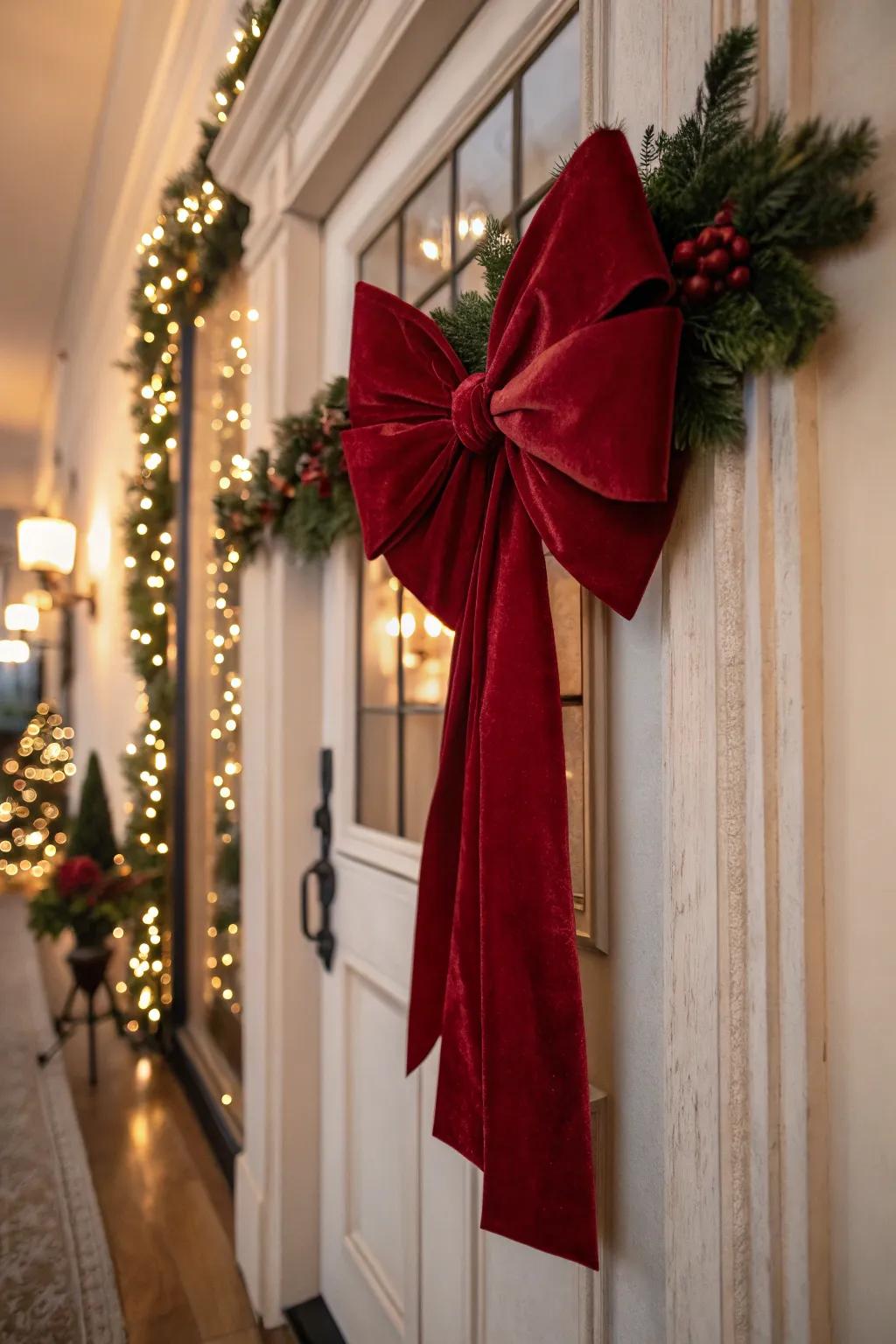 An exquisite velvet ornament appends a hint of grandeur to this Christmas portal.