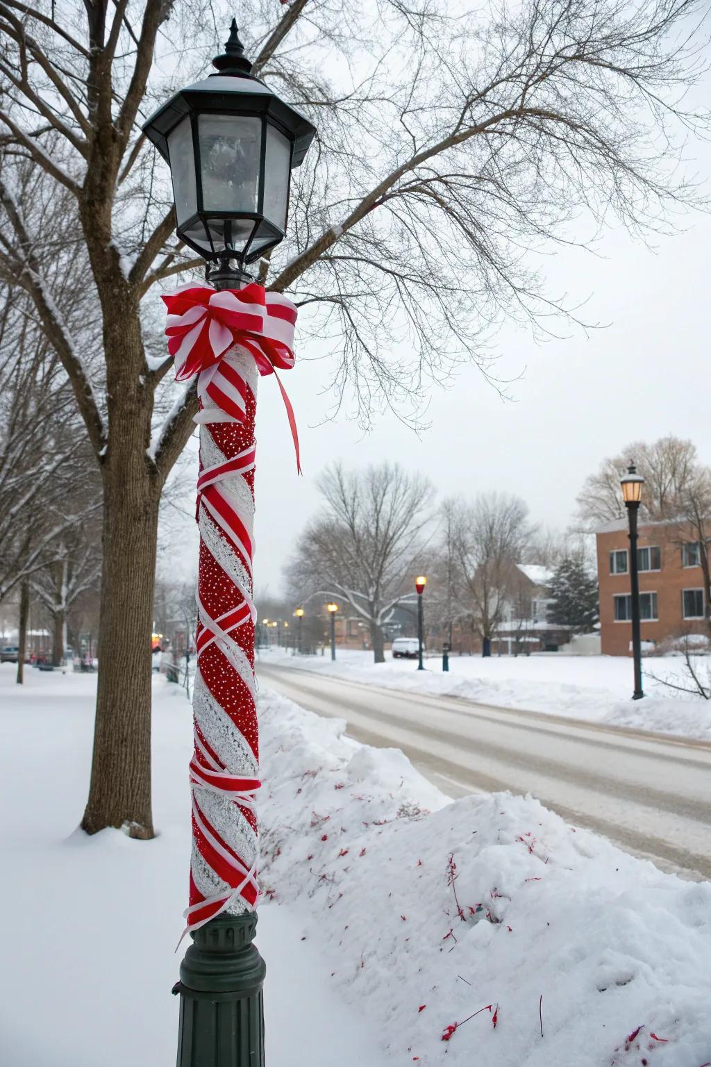 Candy cane swirls contribute a sweet nuance to a lamp post.
