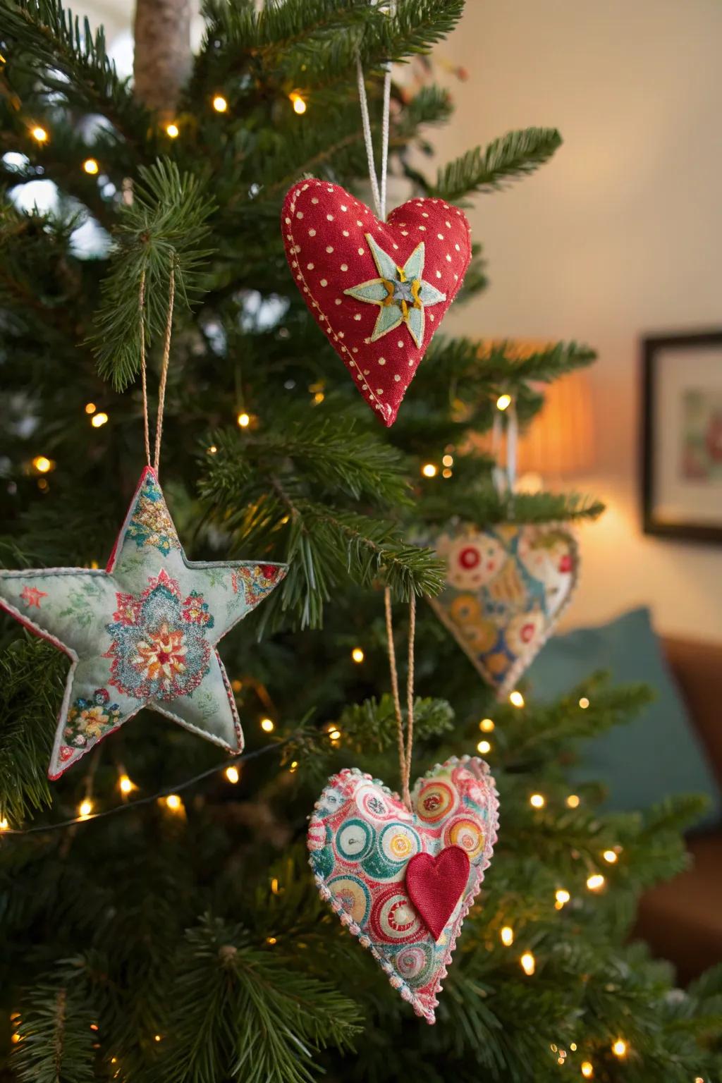 Textile celestial body and heart decorations fashioned from remnants.