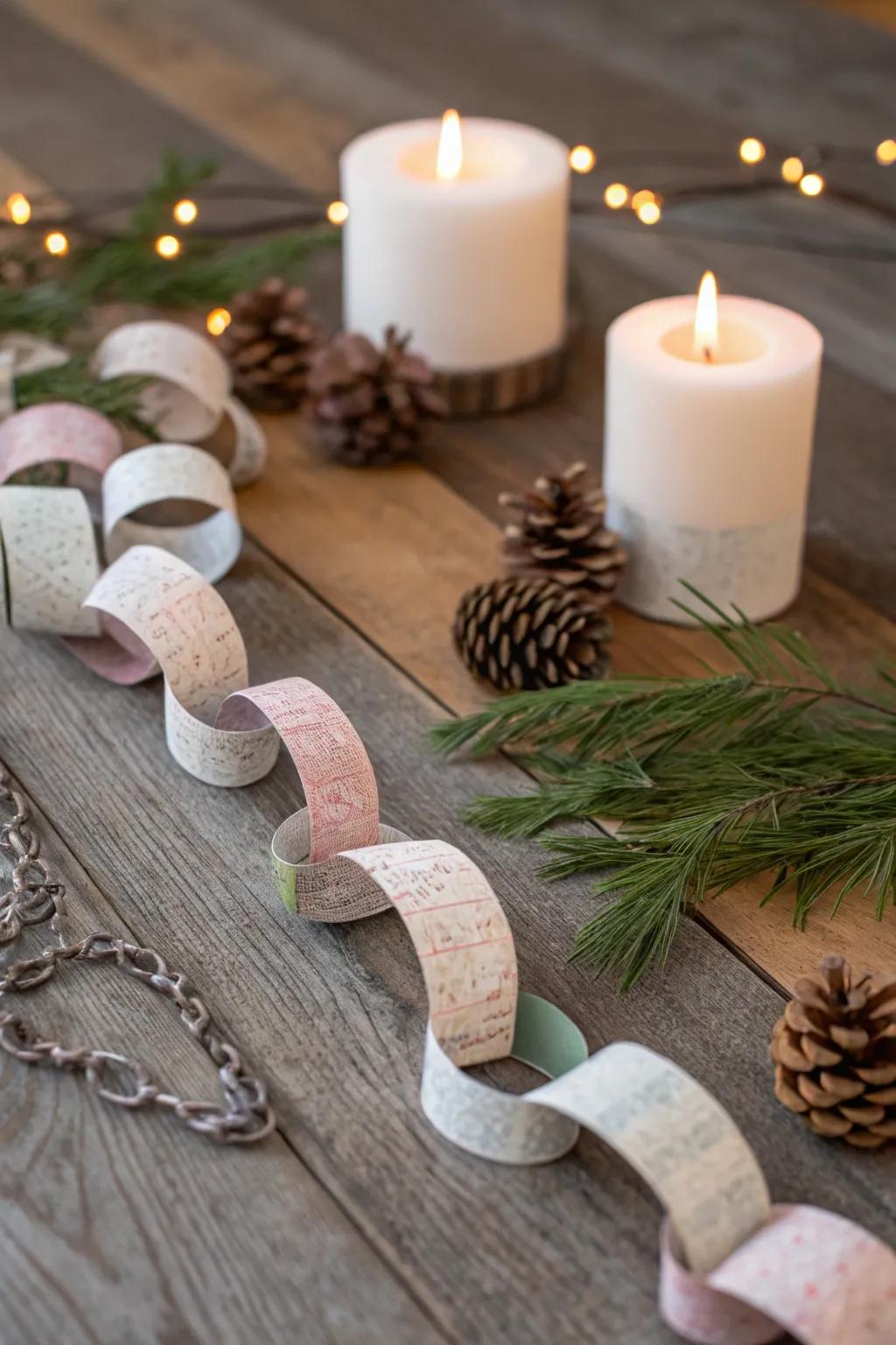 Embrace nostalgia using handcrafted holiday paper chains, where simplicity meets natural beauty.