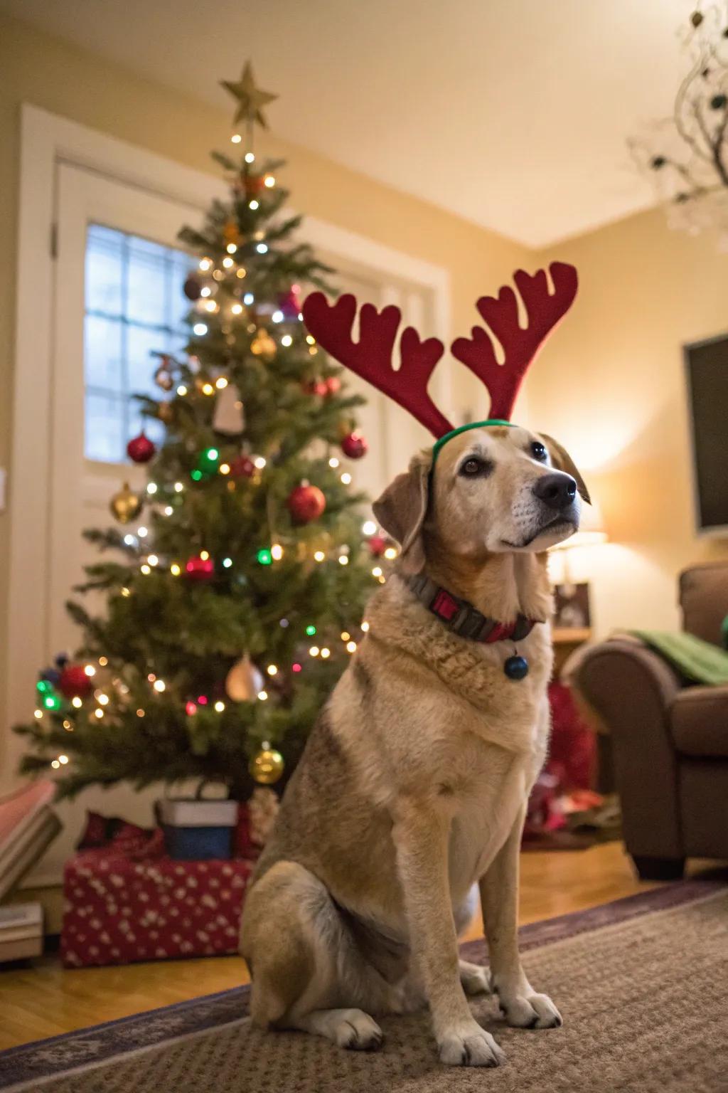 A pet participating in the holiday fun with reindeer antlers.