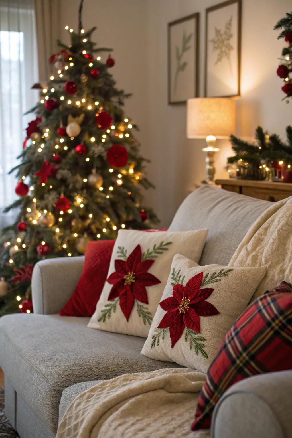 Felt poinsettias conveying natural refinement to the decor.